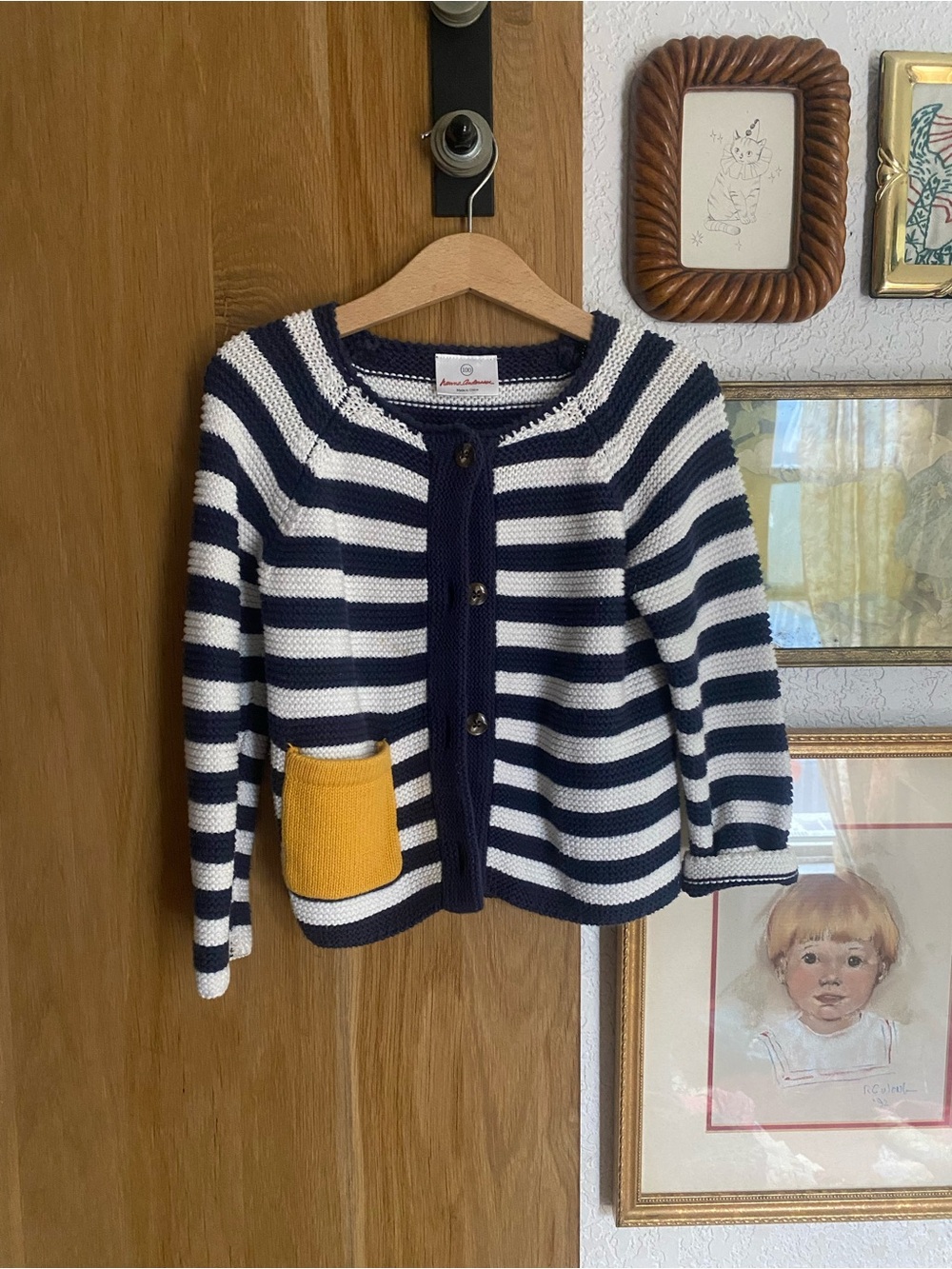 Striped Navy & White Knit Cardigan with Yellow Pocket